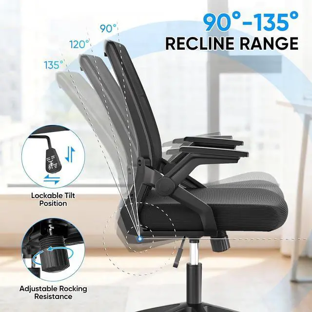 Alt view image 5 of 7 - Mid Back Mesh Office Chair with Flip-Up & Sliding Armrests, 1822" Adjustable Seat Height, Ergonomic Desk Chair with Rocking Function, for Home Office, Black