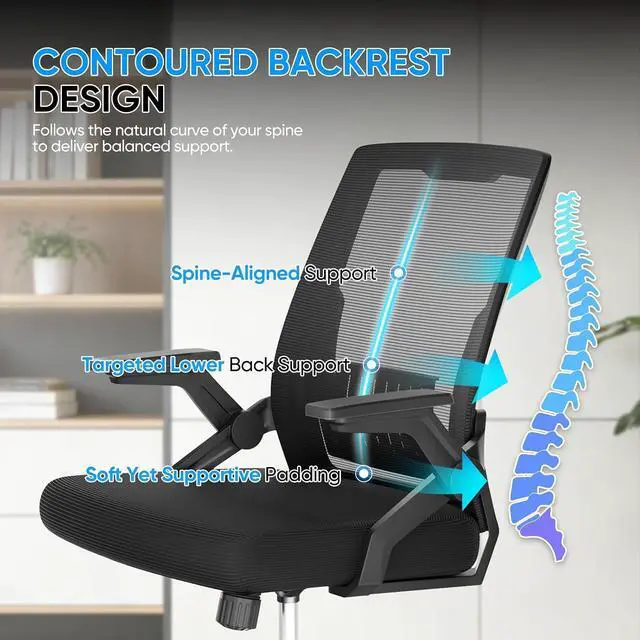 Alt view image 6 of 7 - Mid Back Mesh Office Chair with Flip-Up & Sliding Armrests, 1822" Adjustable Seat Height, Ergonomic Desk Chair with Rocking Function, for Home Office, Black