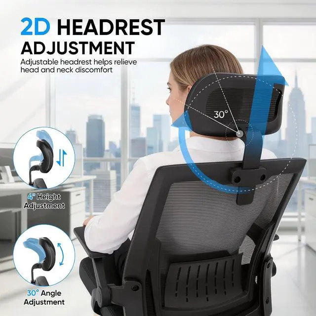 Alt view image 6 of 7 - High Back Mesh Office Chair with Adjustable Headrest, Flip-Up & Sliding Armrests, 1822" Adjustable Seat Height, Ergonomic Desk Chair with Rocking Function, for Home Office, Black