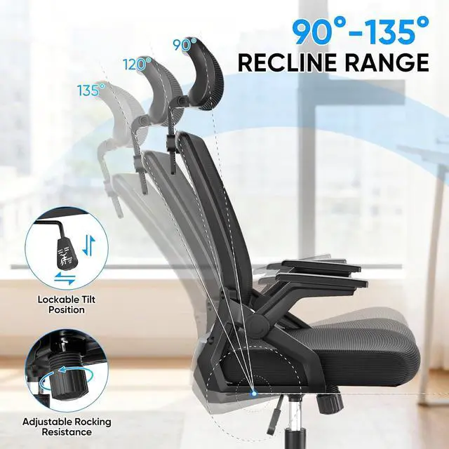 Alt view image 5 of 7 - High Back Mesh Office Chair with Adjustable Headrest, Flip-Up & Sliding Armrests, 1822" Adjustable Seat Height, Ergonomic Desk Chair with Rocking Function, for Home Office, Black