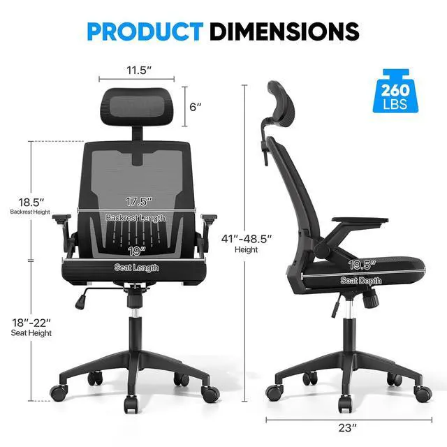 Alt view image 3 of 7 - High Back Mesh Office Chair with Adjustable Headrest, Flip-Up & Sliding Armrests, 1822" Adjustable Seat Height, Ergonomic Desk Chair with Rocking Function, for Home Office, Black