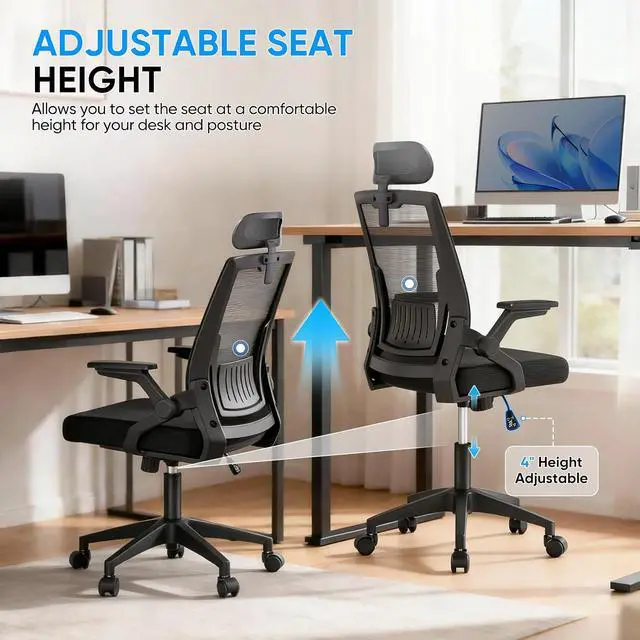 Alt view image 4 of 7 - High Back Mesh Office Chair with Adjustable Headrest, Flip-Up & Sliding Armrests, 1822" Adjustable Seat Height, Ergonomic Desk Chair with Rocking Function, for Home Office, Black