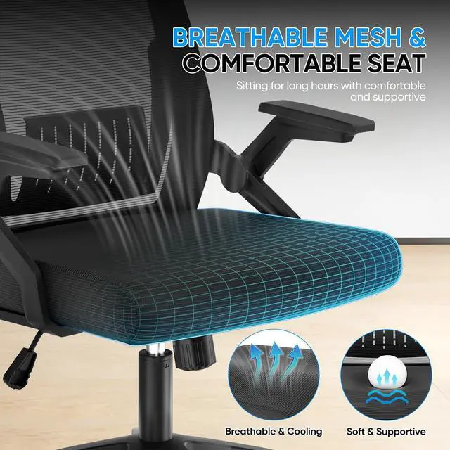 Alt view image 7 of 7 - High Back Mesh Office Chair with Adjustable Headrest, Flip-Up & Sliding Armrests, 1822" Adjustable Seat Height, Ergonomic Desk Chair with Rocking Function, for Home Office, Black