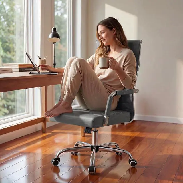 Alt view image 7 of 7 - Ergonomic Office Desk Chair, Executive Ribbed Mid-Back PU Leather Conference Room Chair Adjustable Swivel Chair with Arms (2, Bicolor Vintage Grey)