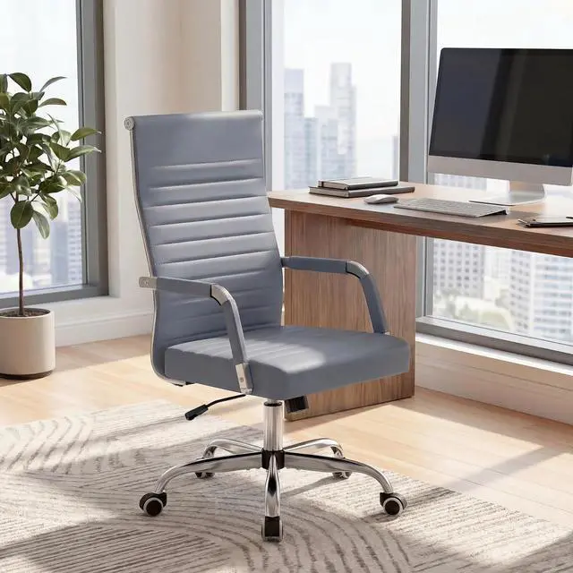 Alt view image 2 of 7 - Ergonomic Office Desk Chair, Executive Ribbed Mid-Back PU Leather Conference Room Chair Adjustable Swivel Chair with Arms (2, Grey)