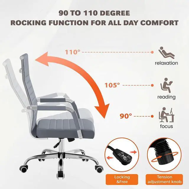 Alt view image 6 of 7 - Ergonomic Office Desk Chair, Executive Ribbed Mid-Back PU Leather Conference Room Chair Adjustable Swivel Chair with Arms (2, Grey)