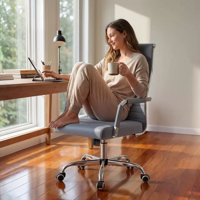 Alt view image 7 of 7 - Ergonomic Office Desk Chair, Executive Ribbed Mid-Back PU Leather Conference Room Chair Adjustable Swivel Chair with Arms (2, Grey)