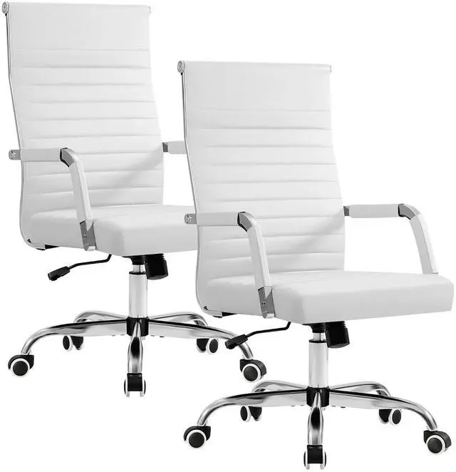 Main image of Ergonomic Office Desk Chair, Executive Ribbed Mid-Back PU Leather Conference Room Chair Adjustable Swivel Chair with Arms (2, White)