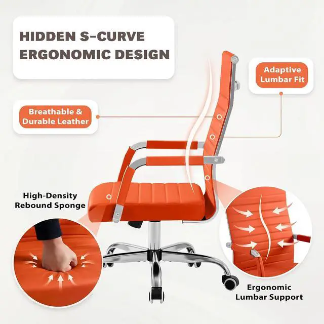 Alt view image 4 of 7 - Ergonomic Office Desk Chair, Executive Ribbed Mid-Back PU Leather Conference Room Chair Adjustable Swivel Chair with Arms (4, Orange)