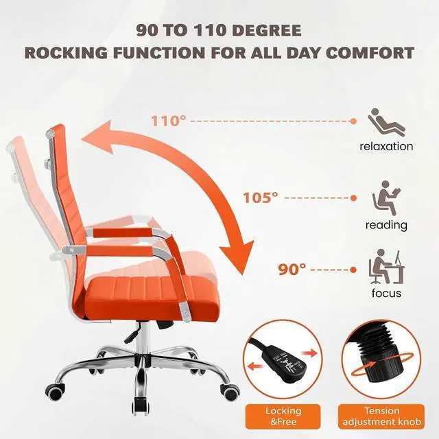 Alt view image 6 of 7 - Ergonomic Office Desk Chair, Executive Ribbed Mid-Back PU Leather Conference Room Chair Adjustable Swivel Chair with Arms (4, Orange)