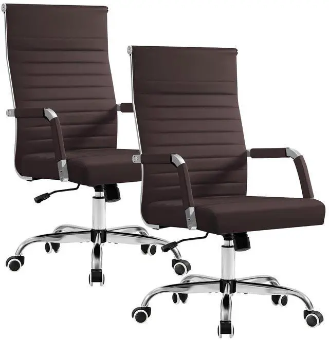 Main image of Ergonomic Office Desk Chair, Executive Ribbed Mid-Back PU Leather Conference Room Chair Adjustable Swivel Chair with Arms (2, Brown)
