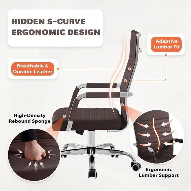 Alt view image 4 of 7 - Ergonomic Office Desk Chair, Executive Ribbed Mid-Back PU Leather Conference Room Chair Adjustable Swivel Chair with Arms (1, Brown)