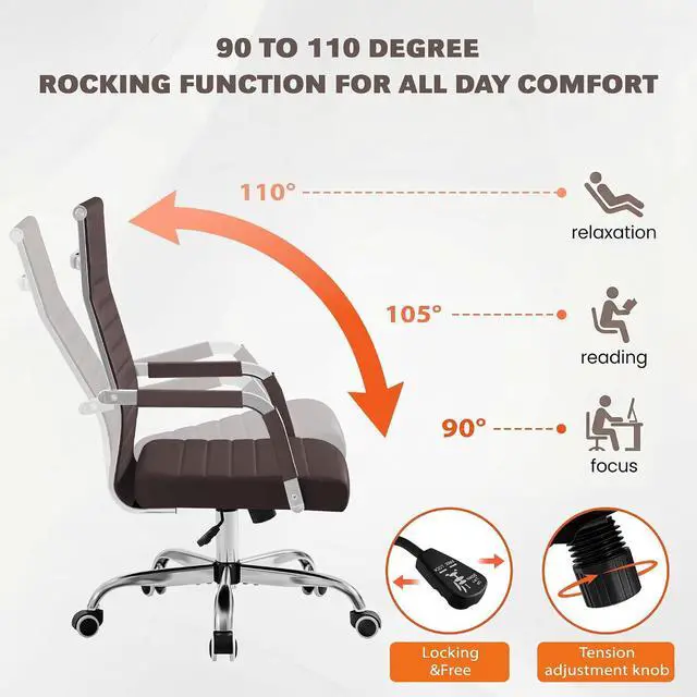 Alt view image 6 of 7 - Ergonomic Office Desk Chair, Executive Ribbed Mid-Back PU Leather Conference Room Chair Adjustable Swivel Chair with Arms (1, Brown)