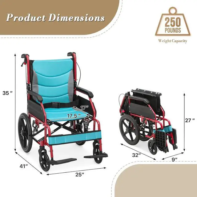 Alt view image 2 of 7 - Folding Transport Wheelchair with Removable Cushion and Loop-Lock Handbrakes Wheel Chair for Adults, 17.5 inch Seat User-Friendly Lightweight Foldable Chair for Storage and Travel Use, 250lbs