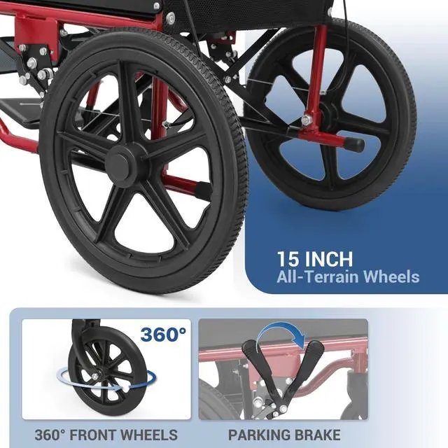 Alt view image 7 of 7 - Folding Transport Wheelchair with Removable Cushion and Loop-Lock Handbrakes Wheel Chair for Adults, 17.5 inch Seat User-Friendly Lightweight Foldable Chair for Storage and Travel Use, 250lbs