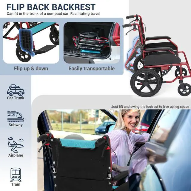Alt view image 6 of 7 - Folding Transport Wheelchair with Removable Cushion and Loop-Lock Handbrakes Wheel Chair for Adults, 17.5 inch Seat User-Friendly Lightweight Foldable Chair for Storage and Travel Use, 250lbs