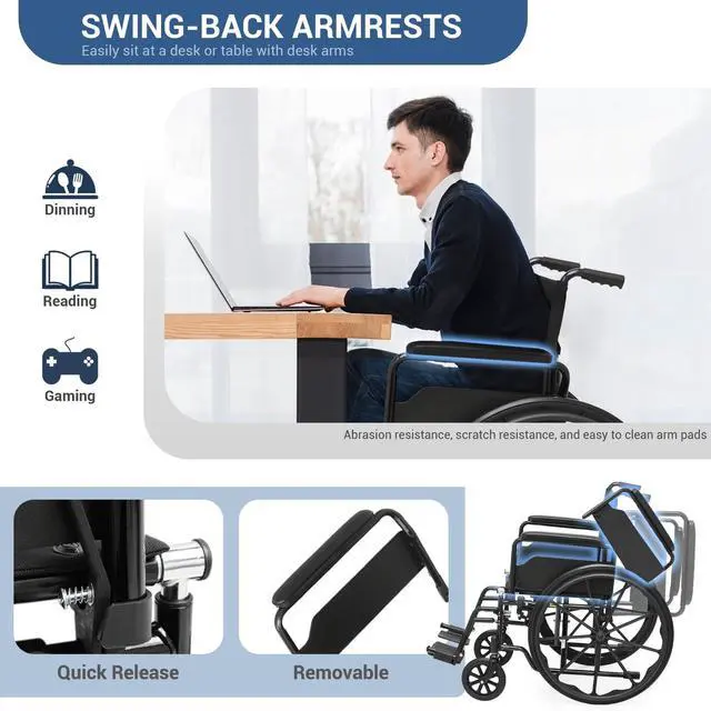 Alt view image 5 of 7 - monicare Folding Self-Propelled Wheelchair, Heavy-Duty Wheel Chair with Flip-Back Armrest Swing-Away Footrest, 18 Inch Wide Seat All-Terrain Wheelchair for Adults, 300lbs Capacity, Black