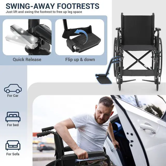 Alt view image 6 of 7 - monicare Folding Self-Propelled Wheelchair, Heavy-Duty Wheel Chair with Flip-Back Armrest Swing-Away Footrest, 18 Inch Wide Seat All-Terrain Wheelchair for Adults, 300lbs Capacity, Black