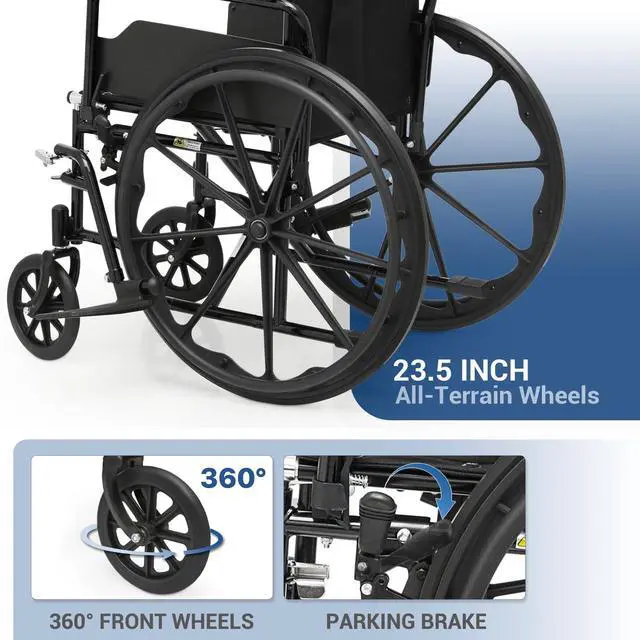 Alt view image 7 of 7 - monicare Folding Self-Propelled Wheelchair, Heavy-Duty Wheel Chair with Flip-Back Armrest Swing-Away Footrest, 18 Inch Wide Seat All-Terrain Wheelchair for Adults, 300lbs Capacity, Black