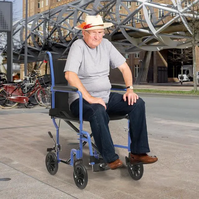 Alt view image 3 of 7 - Transport Wheelchair for Adults, 16 Inch Seat, Steel Frame, 8" Wheel, Blue