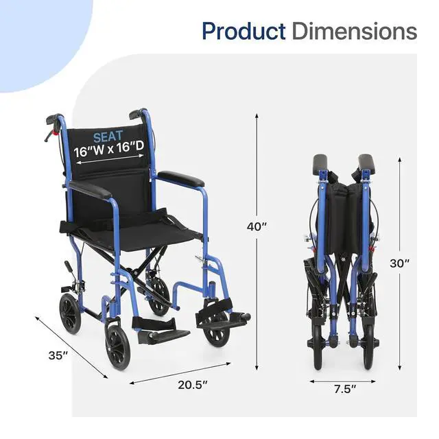 Alt view image 2 of 7 - Transport Wheelchair for Adults, 16 Inch Seat, Steel Frame, 8" Wheel, Blue