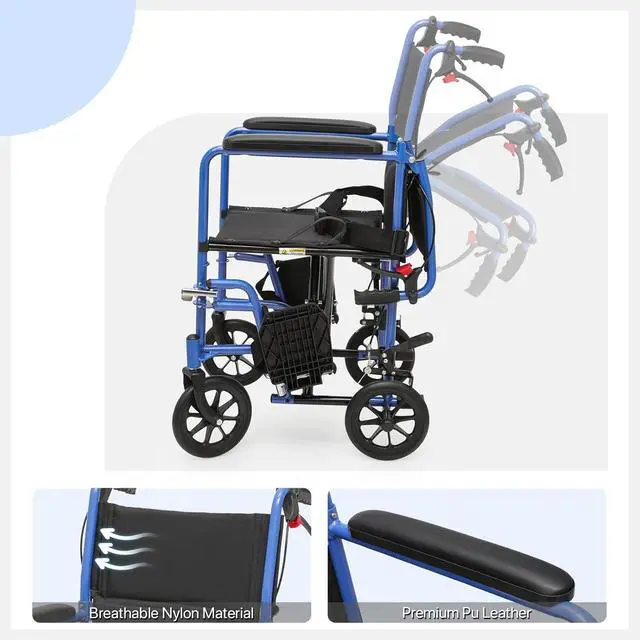 Alt view image 5 of 7 - Transport Wheelchair for Adults, 16 Inch Seat, Steel Frame, 8" Wheel, Blue