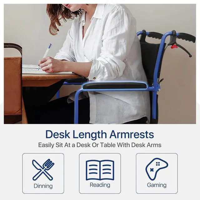 Alt view image 4 of 7 - Transport Wheelchair for Adults, 16 Inch Seat, Steel Frame, 8" Wheel, Blue