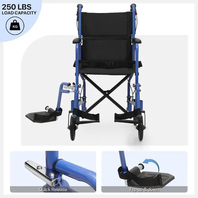 Alt view image 7 of 7 - Transport Wheelchair for Adults, 16 Inch Seat, Steel Frame, 8" Wheel, Blue