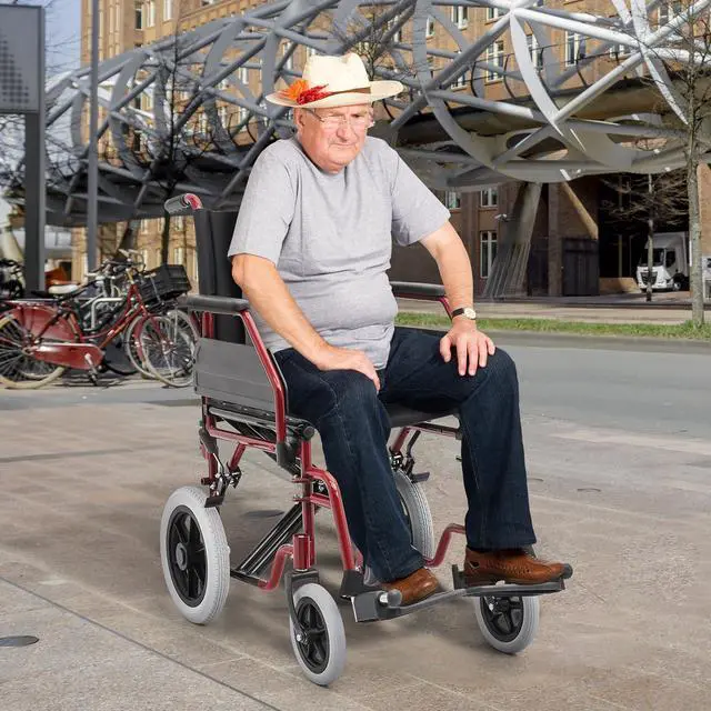 Alt view image 3 of 7 - Transport Wheelchair for Adults, 17 Inch Seat, Steel Frame, 23.5" Wheel, Red