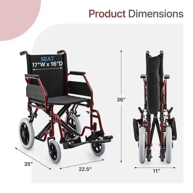 Alt view image 2 of 7 - Transport Wheelchair for Adults, 17 Inch Seat, Steel Frame, 23.5" Wheel, Red