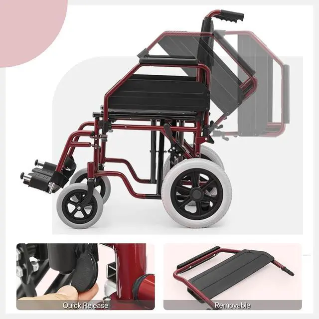 Alt view image 5 of 7 - Transport Wheelchair for Adults, 17 Inch Seat, Steel Frame, 23.5" Wheel, Red