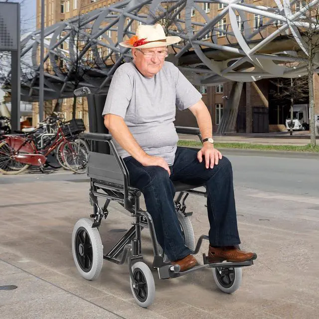 Alt view image 3 of 7 - Transport Wheelchair for Adults, 17 Inch Seat, Steel Frame, 23.5" Wheel, Black