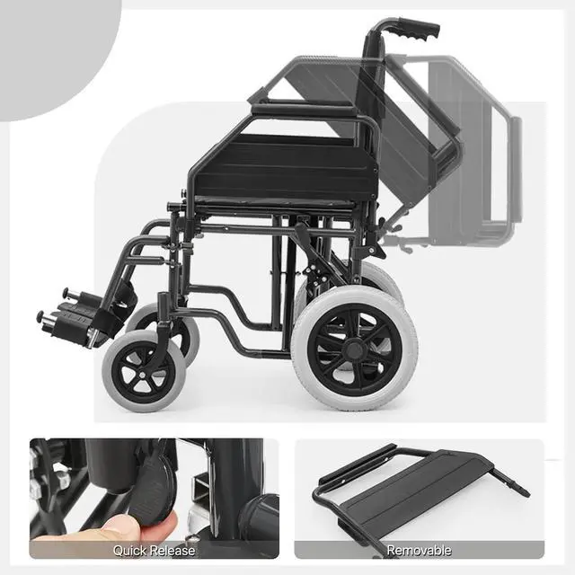 Alt view image 5 of 7 - Transport Wheelchair for Adults, 17 Inch Seat, Steel Frame, 23.5" Wheel, Black