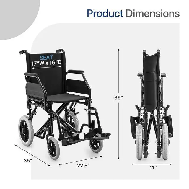 Alt view image 2 of 7 - Transport Wheelchair for Adults, 17 Inch Seat, Steel Frame, 23.5" Wheel, Black