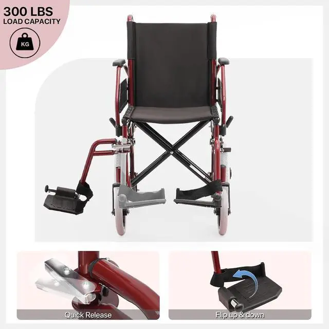Alt view image 7 of 7 - Transport Wheelchair for Adults, 17 Inch Seat, Steel Frame, 23.5" Wheel, Red