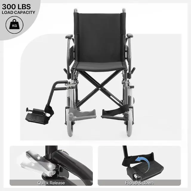 Alt view image 7 of 7 - Transport Wheelchair for Adults, 17 Inch Seat, Steel Frame, 23.5" Wheel, Black