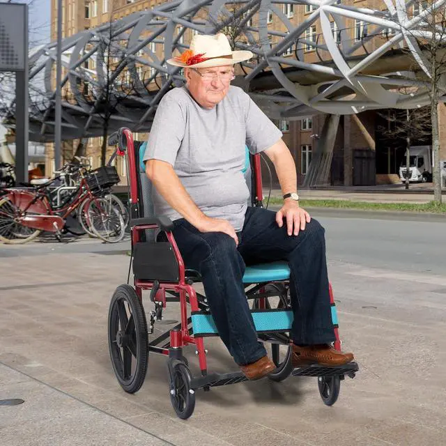 Alt view image 3 of 7 - Transport Wheelchair for Adults, 17 Inch Seat with Cushion, Aluminum Frame, 15" Wheel, Red