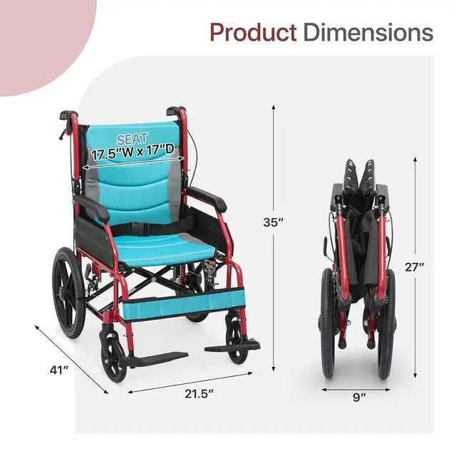 Alt view image 2 of 7 - Transport Wheelchair for Adults, 17 Inch Seat with Cushion, Aluminum Frame, 15" Wheel, Red