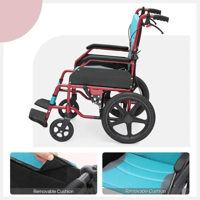 Alt view image 5 of 7 - Transport Wheelchair for Adults, 17 Inch Seat with Cushion, Aluminum Frame, 15" Wheel, Red