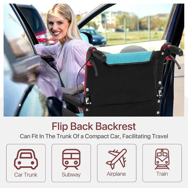Alt view image 6 of 7 - Transport Wheelchair for Adults, 17 Inch Seat with Cushion, Aluminum Frame, 15" Wheel, Red