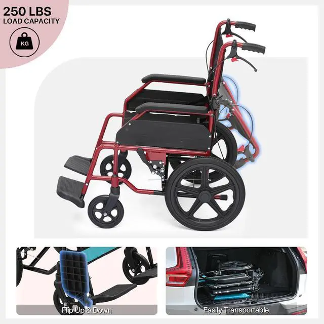 Alt view image 7 of 7 - Transport Wheelchair for Adults, 17 Inch Seat with Cushion, Aluminum Frame, 15" Wheel, Red