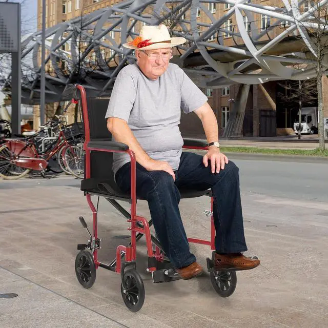 Alt view image 3 of 7 - Transport Wheelchair for Adults, 16 Inch Seat, Steel Frame, 8" Wheel, Red
