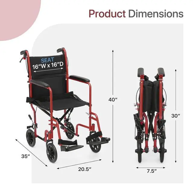 Alt view image 2 of 7 - Transport Wheelchair for Adults, 16 Inch Seat, Steel Frame, 8" Wheel, Red