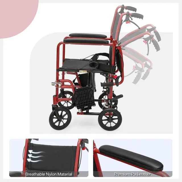 Alt view image 5 of 7 - Transport Wheelchair for Adults, 16 Inch Seat, Steel Frame, 8" Wheel, Red