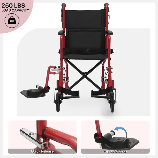 Alt view image 7 of 7 - Transport Wheelchair for Adults, 16 Inch Seat, Steel Frame, 8" Wheel, Red