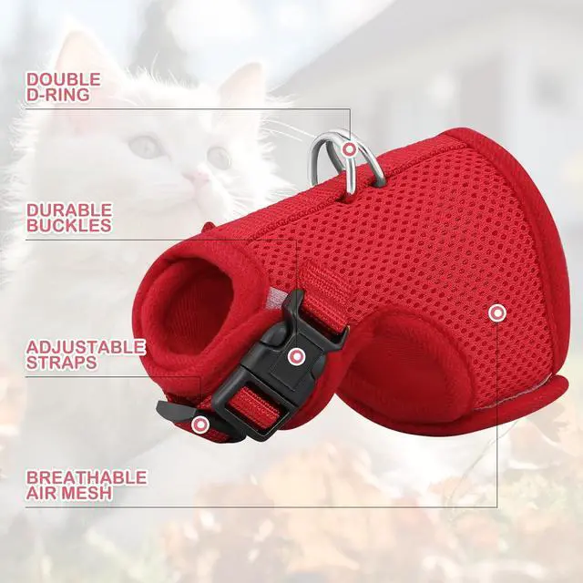 Alt view image 4 of 7 - Soft Cat Harness for Walking Escape Proof and Travel, Kitten Adjustable Breathable Vest Harness - Red, M