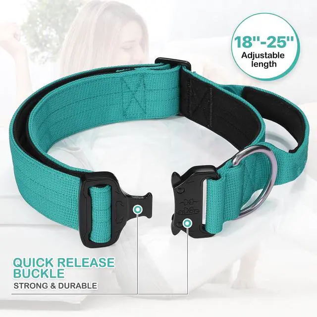 Alt view image 7 of 7 - Tactical Dog Collar with Handle, 1.5 Inch Wide Heavy Duty Military Collar for Medium Large Dog Walking, Training, Running, Teal