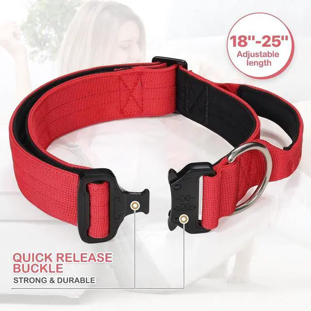 Alt view image 7 of 7 - Tactical Dog Collar with Handle, 1.5 Inch Wide Heavy Duty Military Collar for Medium Large Dog Walking, Training, Running, Red