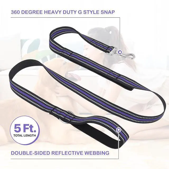 Alt view image 5 of 7 - 5 Feet Dog Leash Rope Heavy Duty Reflective Dog Leashes with 2 Comfortable Padded Traffic Handles for Walking and Training, Purple