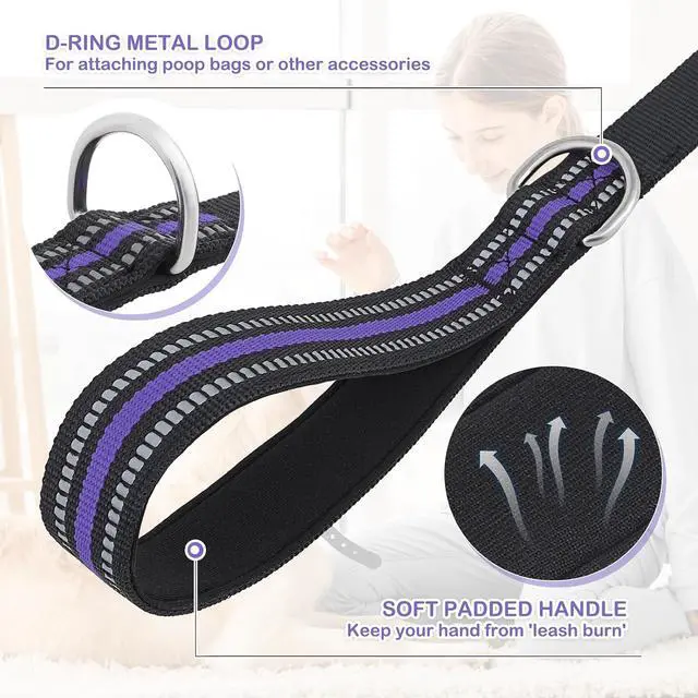 Alt view image 6 of 7 - 5 Feet Dog Leash Rope Heavy Duty Reflective Dog Leashes with 2 Comfortable Padded Traffic Handles for Walking and Training, Purple